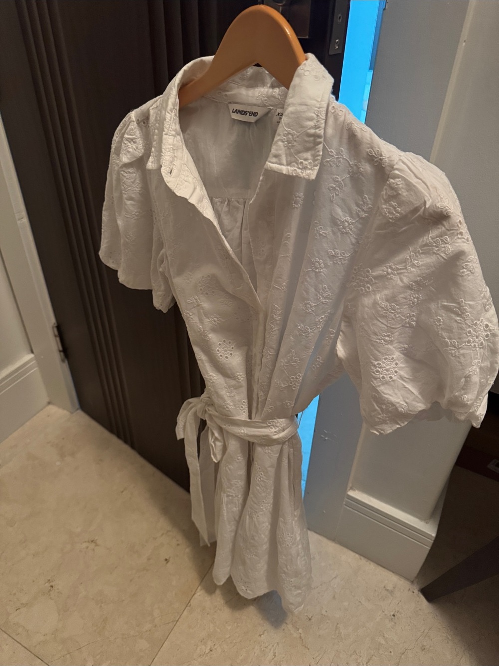 Lands' End White Eyelet Wrap Dress with Puff Sleeves